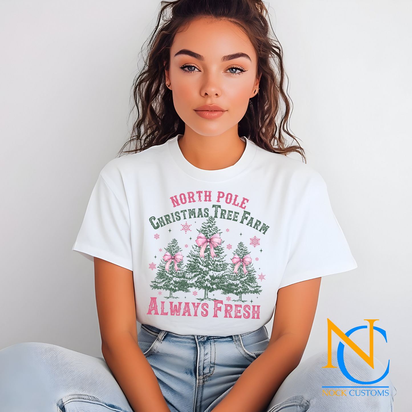 DTF Transfer featuring 'North Pole Christmas Tree Farm' design with always fresh Christmas trees and festive details.