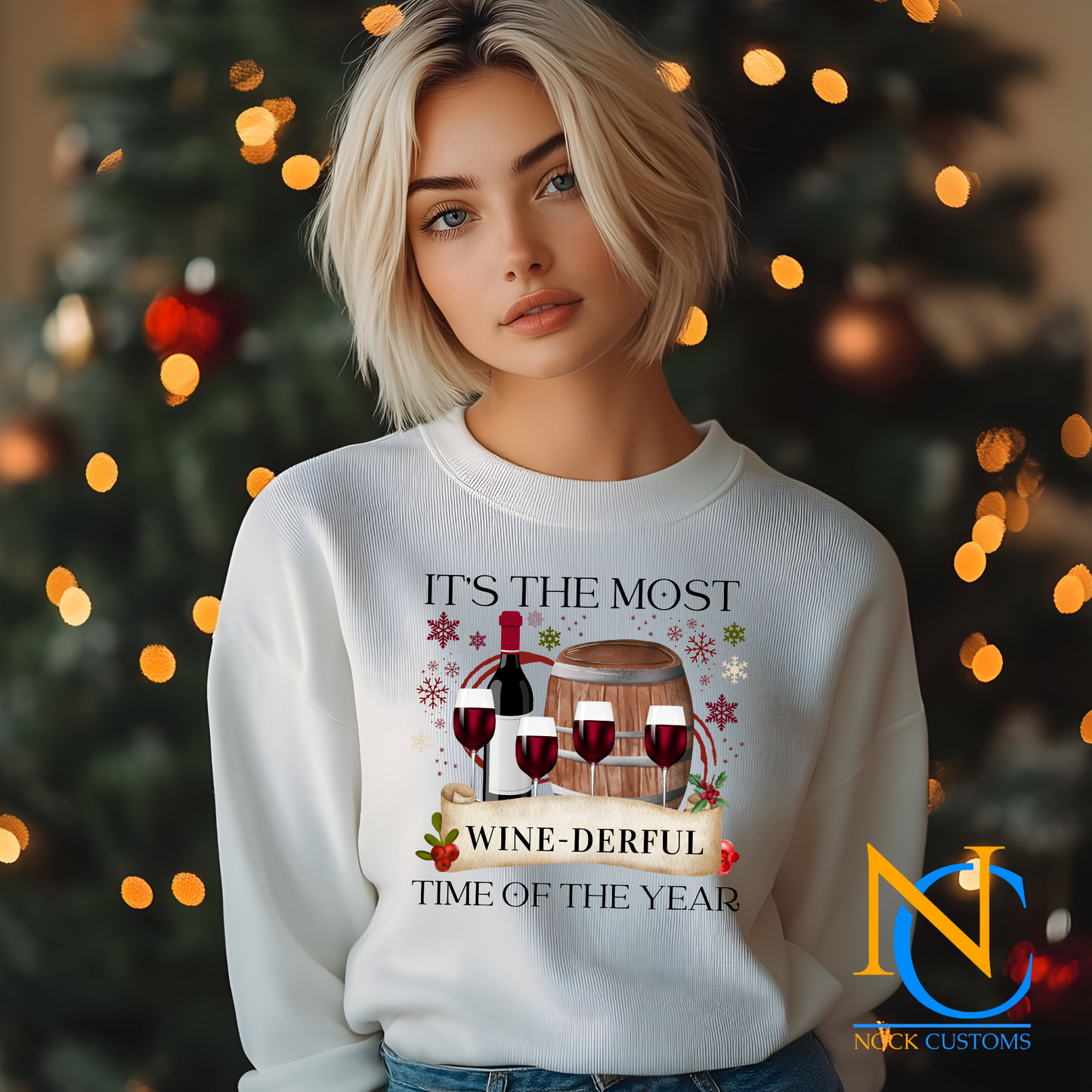 Festive wine-themed Christmas DTF transfer design featuring wine glasses, bottles, and a holiday theme, ideal for customizing shirts, hoodies, and more.