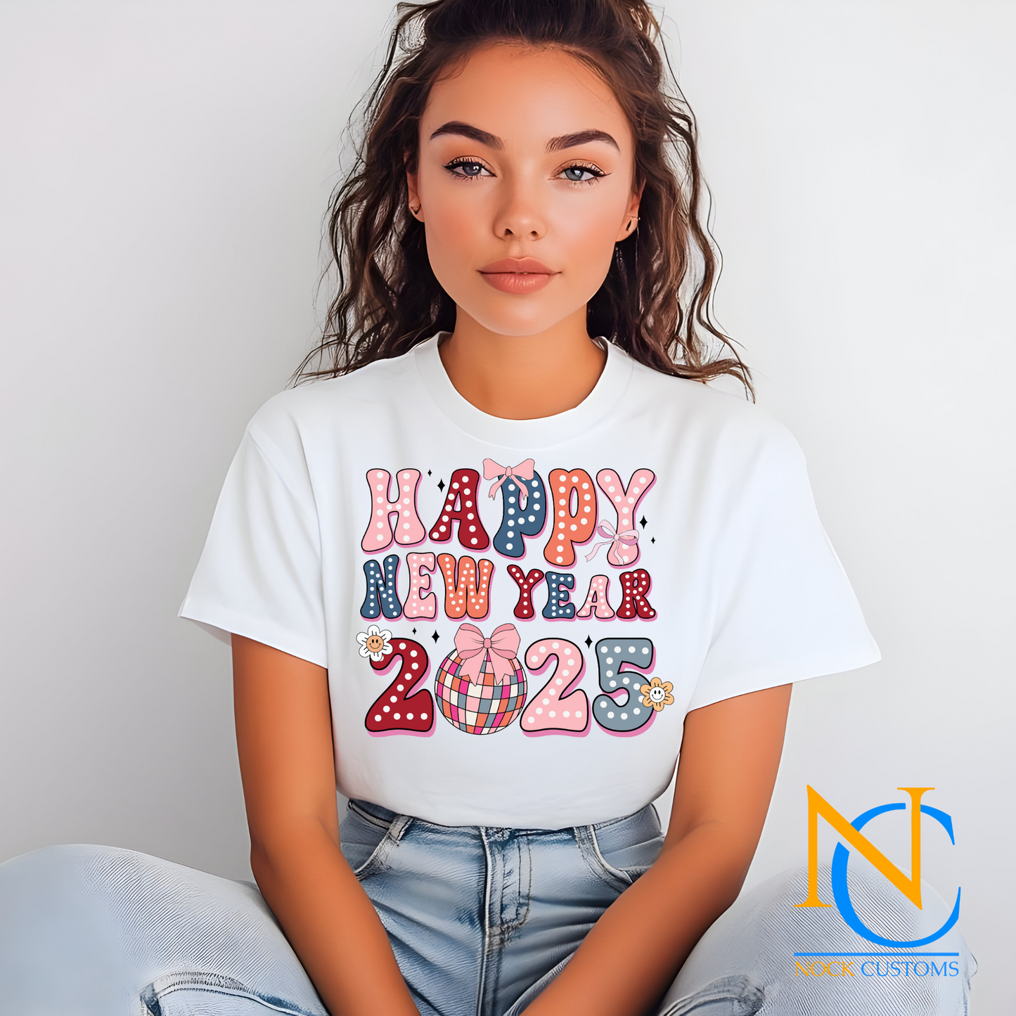 DTF transfer print design with 'Happy New Year 2025' in colorful, festive text featuring decorative bows and stars.