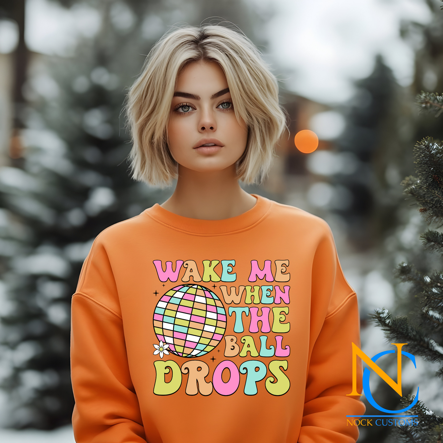 2025 Wake Me When the Ball Drops DTF transfer print design on apparel, featuring pastel colors and a retro disco ball.