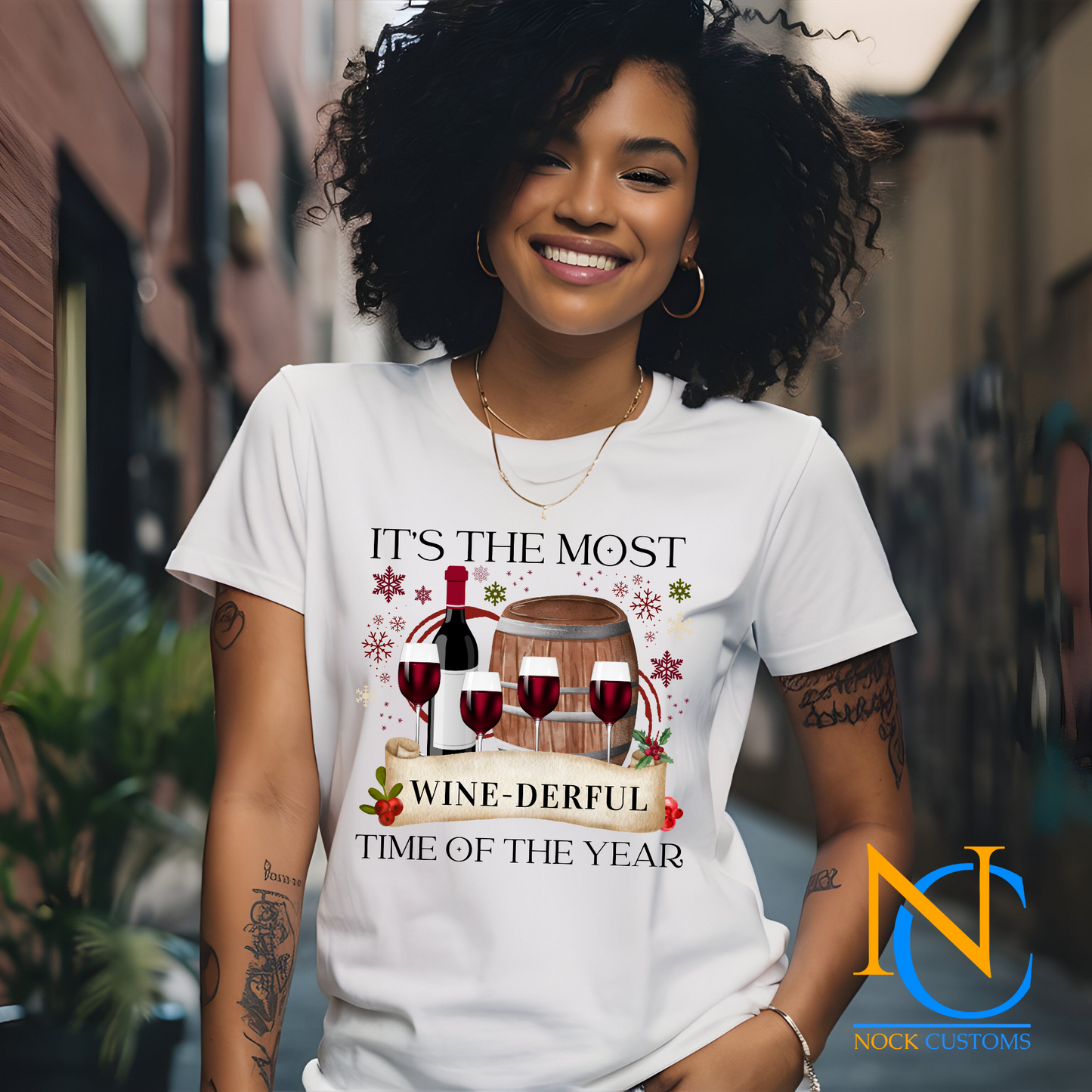 Festive wine-themed Christmas DTF transfer design featuring wine glasses, bottles, and a holiday theme, ideal for customizing shirts, hoodies, and more.