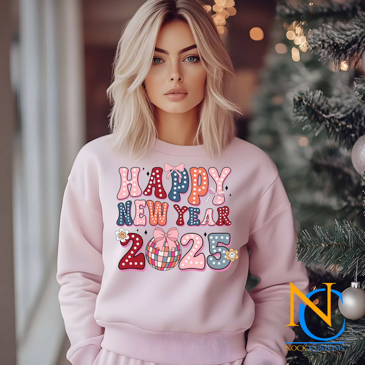 DTF transfer print design with 'Happy New Year 2025' in colorful, festive text featuring decorative bows and stars.