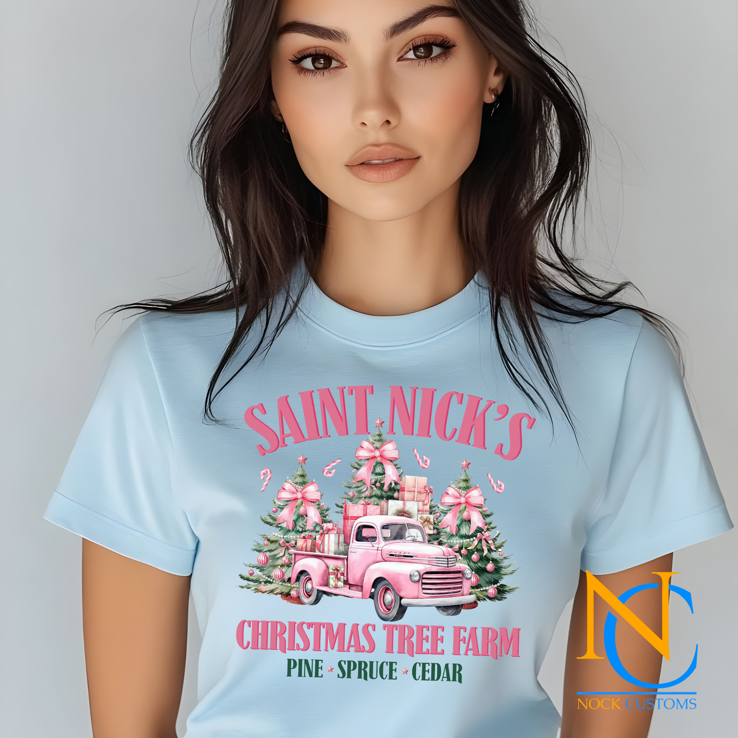 A festive DTF transfer design featuring Saint Nick's Christmas tree farm with a vintage pink truck carrying decorated Christmas trees and presents.