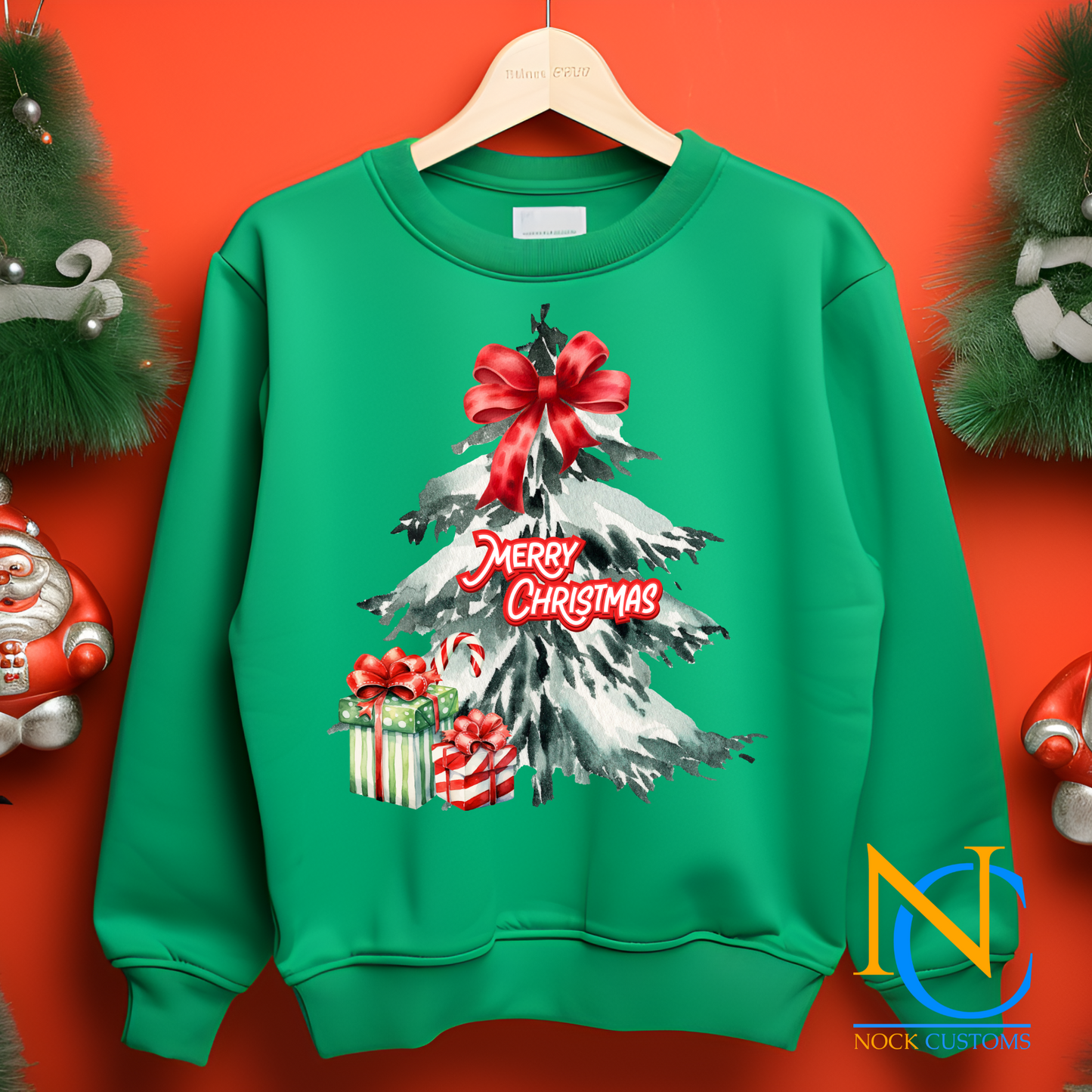 Beautiful watercolor Christmas tree design with festive red bow and wrapped gifts, perfect for DTF transfer on holiday apparel.
