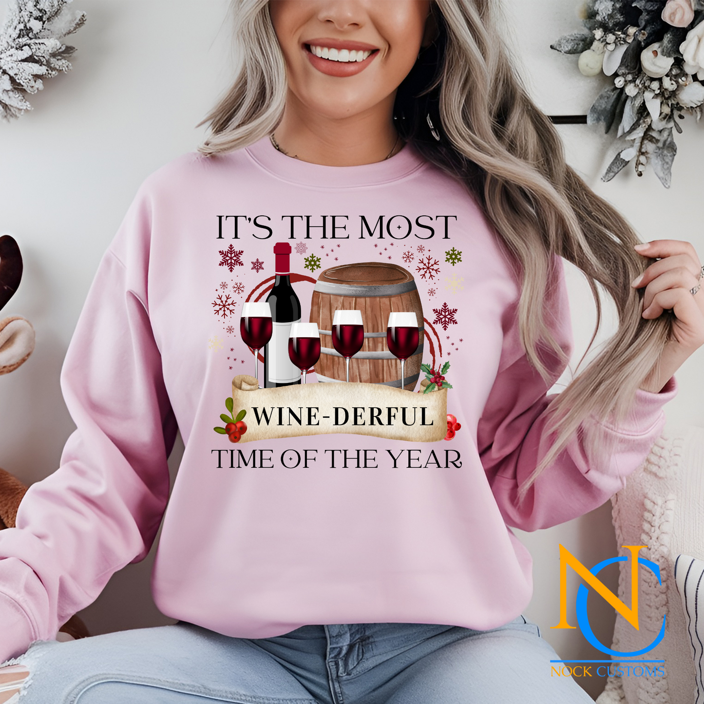 Festive wine-themed Christmas DTF transfer design featuring wine glasses, bottles, and a holiday theme, ideal for customizing shirts, hoodies, and more.