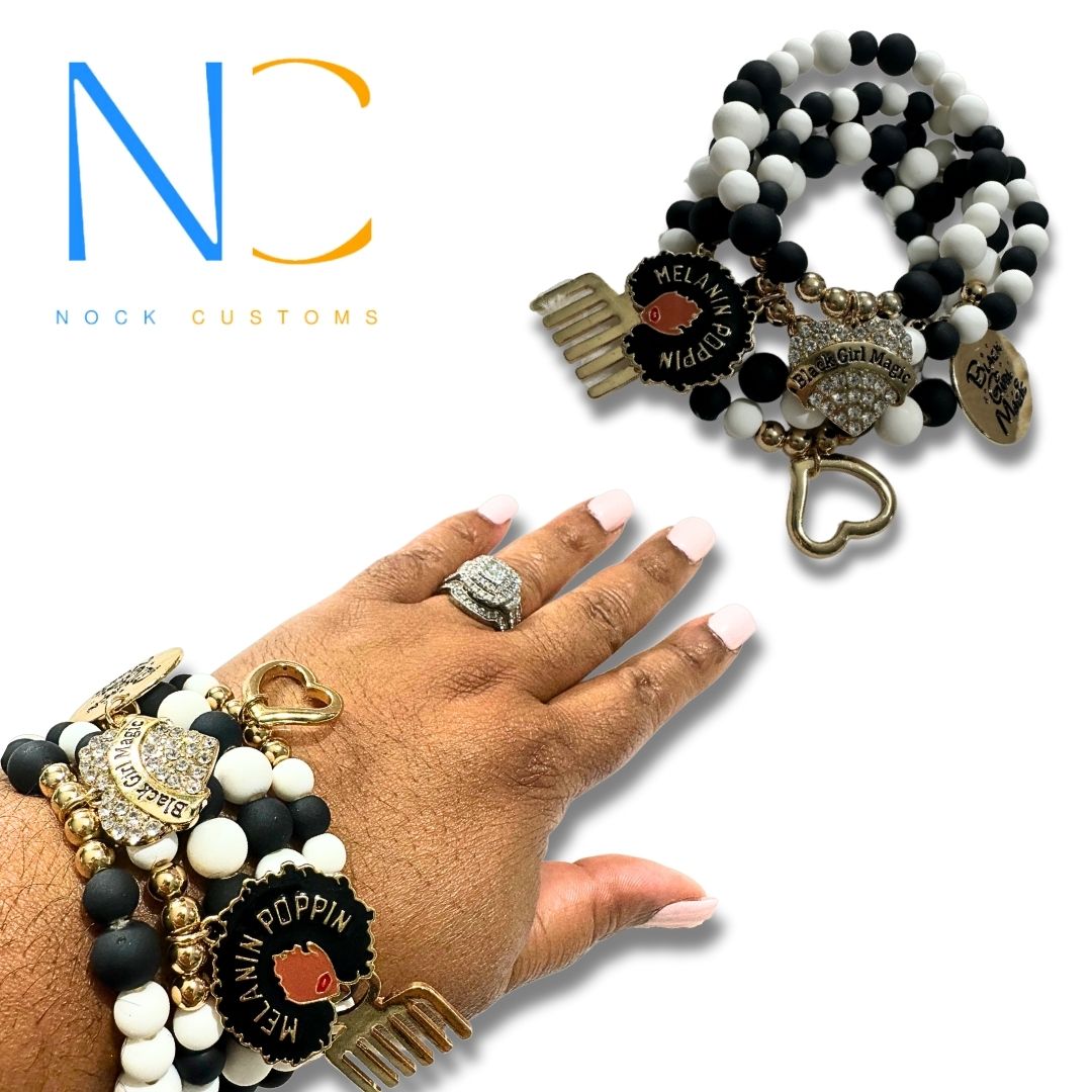 Radiant Melanin Beauty Bracelet - Elegant 5-Tier Black and White Beaded Charm Accessory