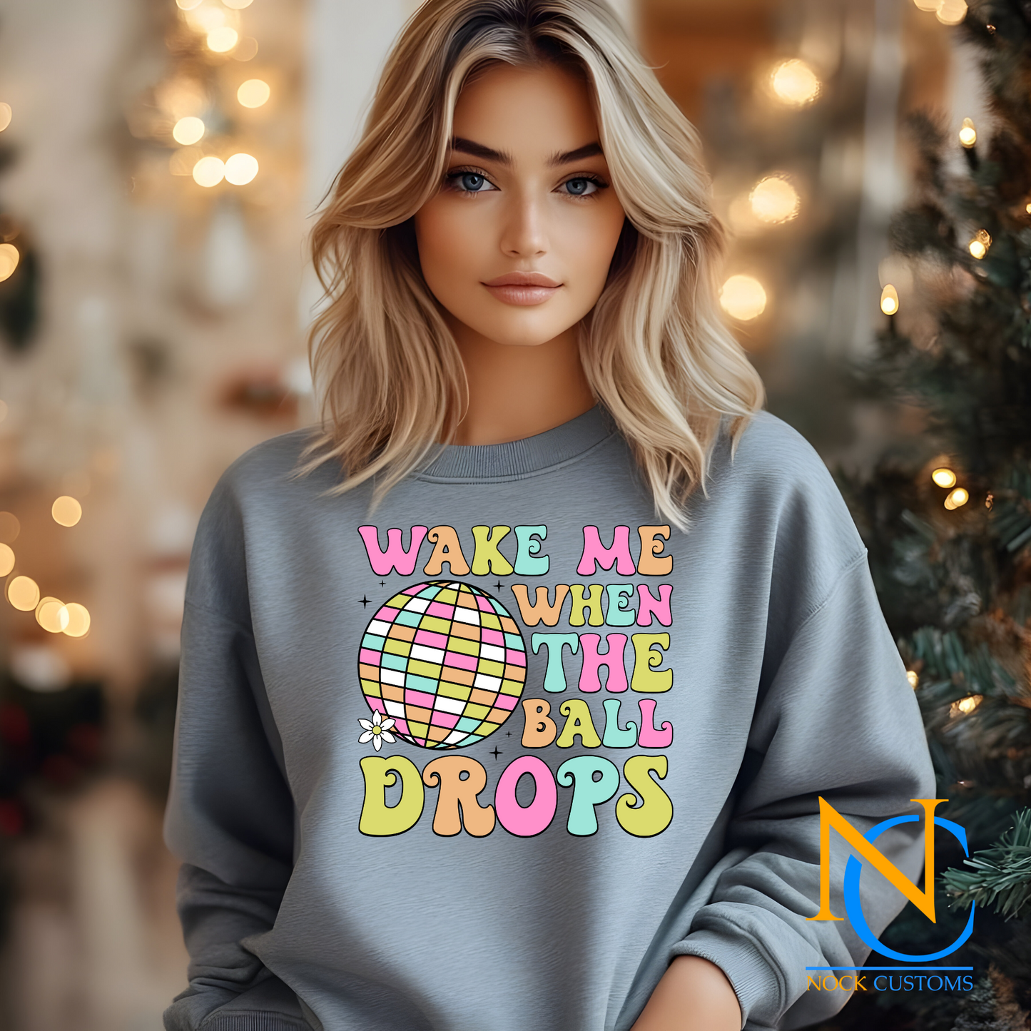 2025 Wake Me When the Ball Drops DTF transfer print design on apparel, featuring pastel colors and a retro disco ball.