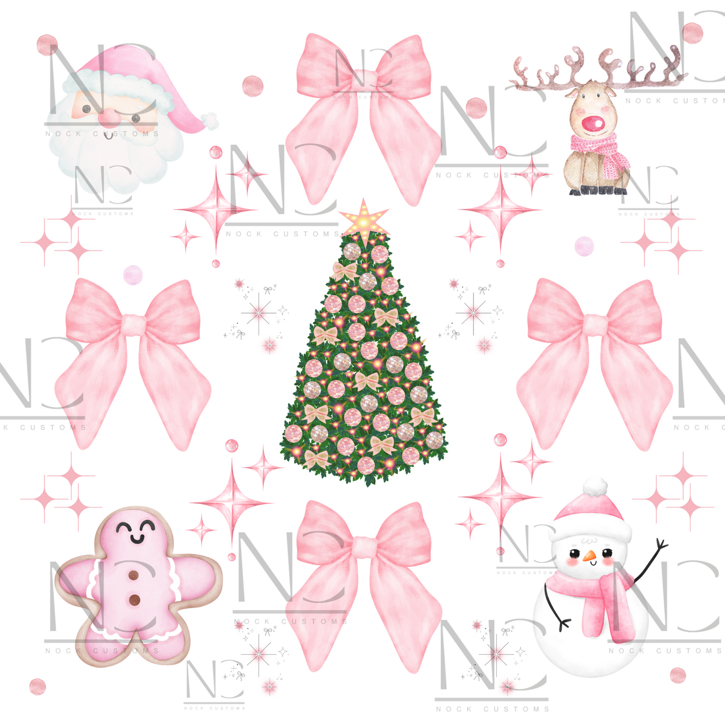 Festive pink-themed Christmas DTF transfer with bows, snowmen, gingerbread, and holiday tree designs for apparel decoration.