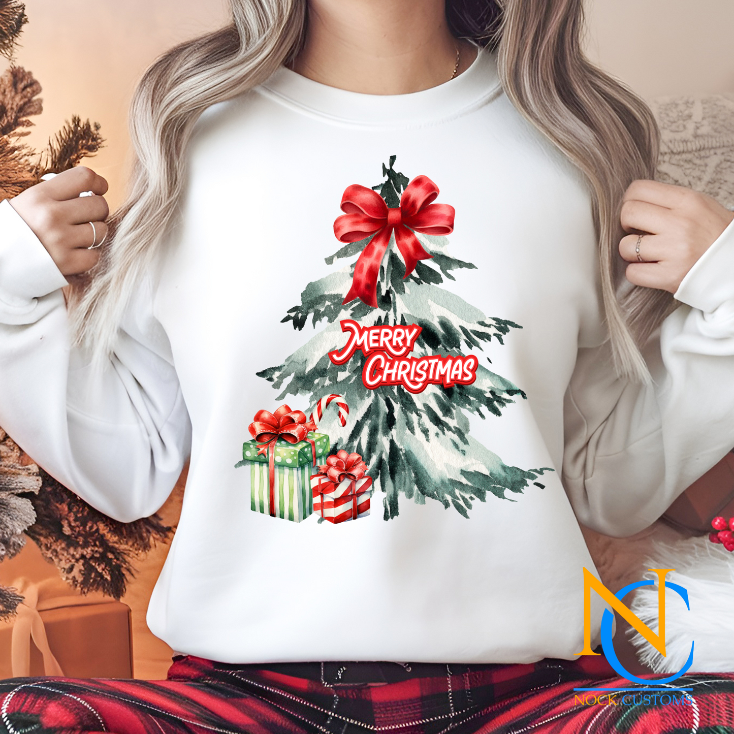 Beautiful watercolor Christmas tree design with festive red bow and wrapped gifts, perfect for DTF transfer on holiday apparel.