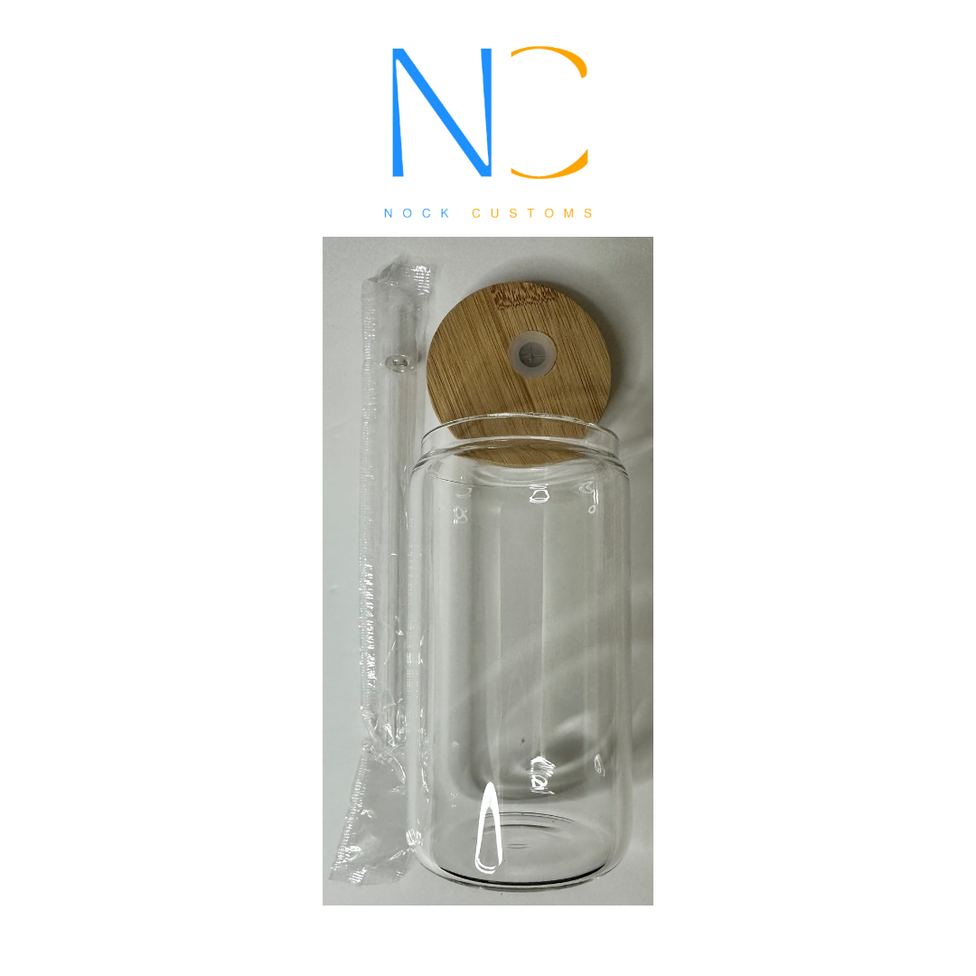 Sip & Store: 12oz Clear Sublimation Glass Jar with Wooden Lid and Straw - Embrace Refreshment in Style!