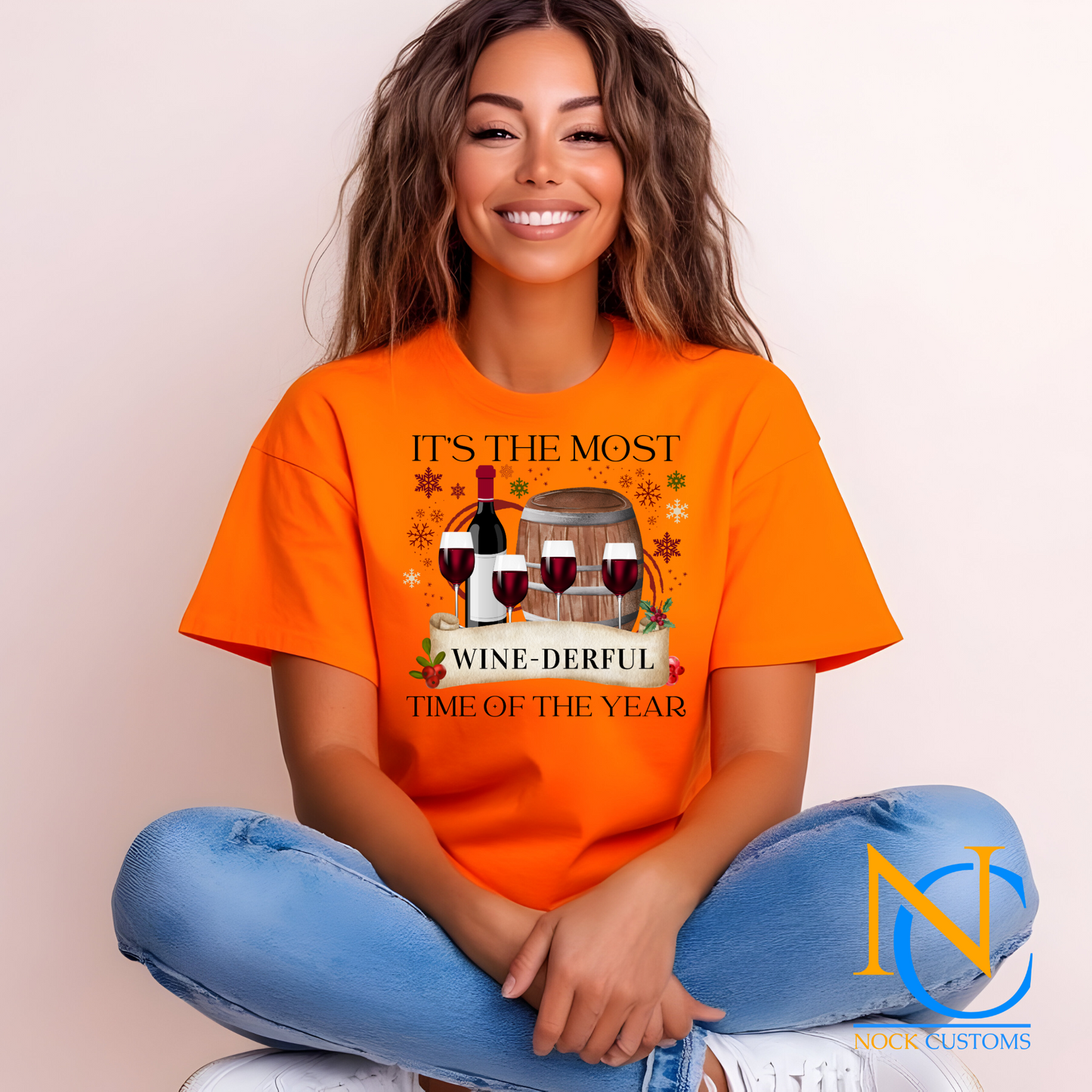 Festive wine-themed Christmas DTF transfer design featuring wine glasses, bottles, and a holiday theme, ideal for customizing shirts, hoodies, and more.