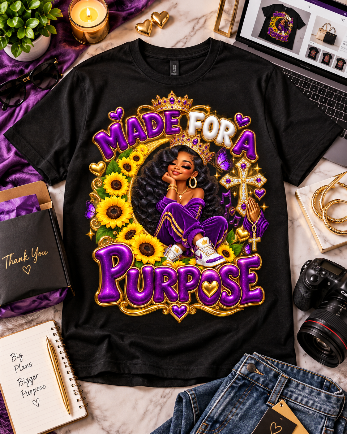 Black Made for a Purpose graphic tee styled in a flat lay.
