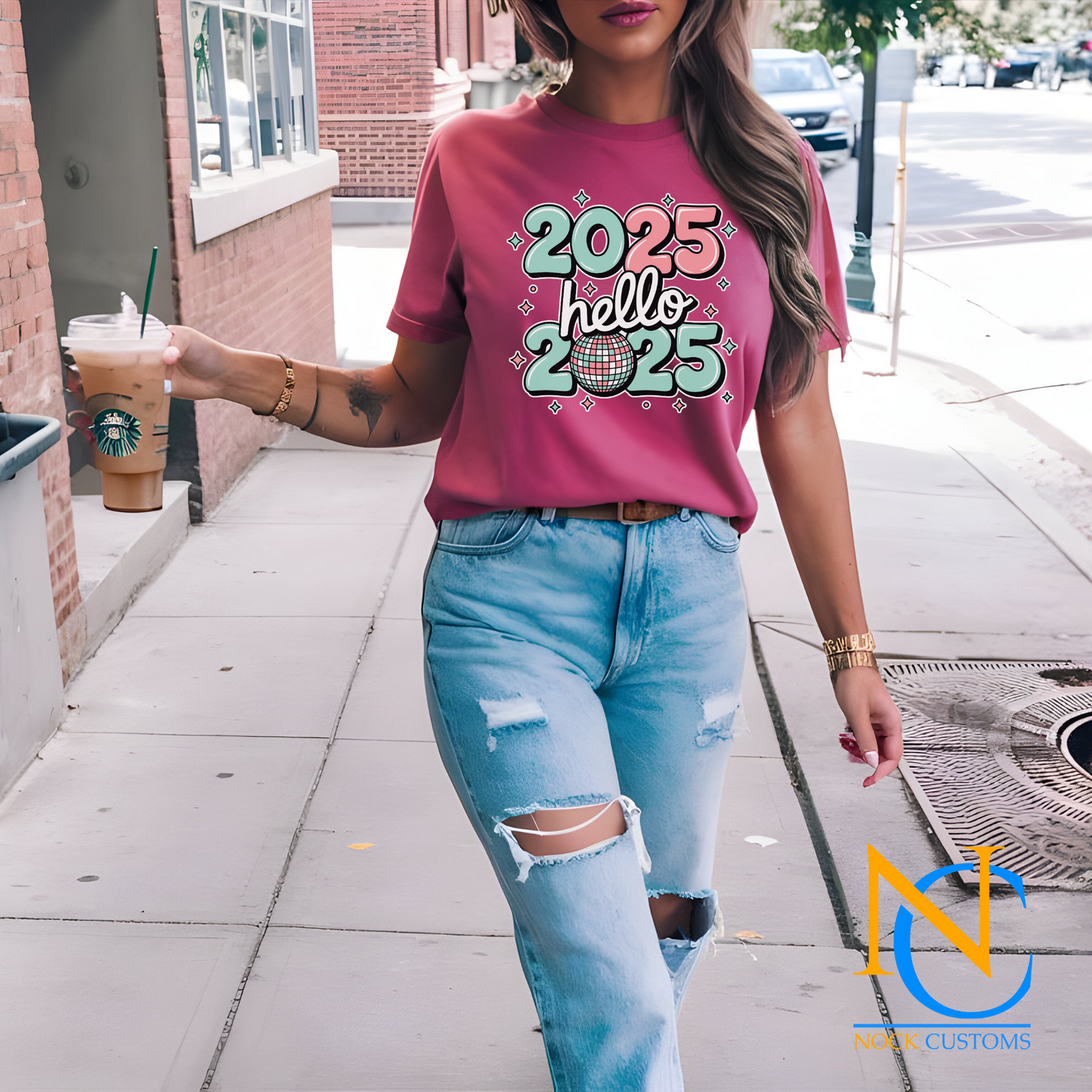 Trendy DTF transfer print featuring 'Hello 2025' with playful colors, perfect for New Year's apparel.