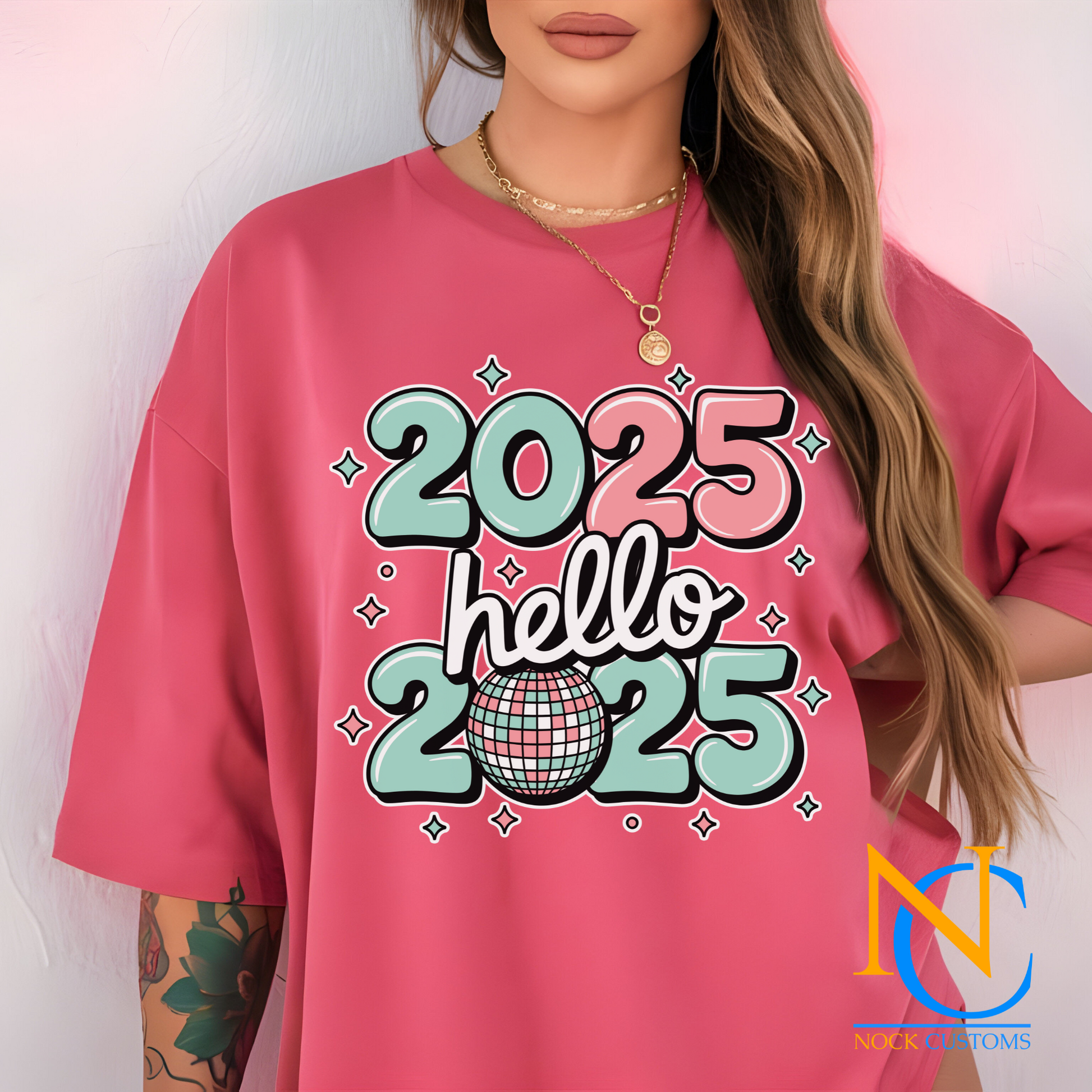 Trendy DTF transfer print featuring 'Hello 2025' with playful colors, perfect for New Year's apparel.