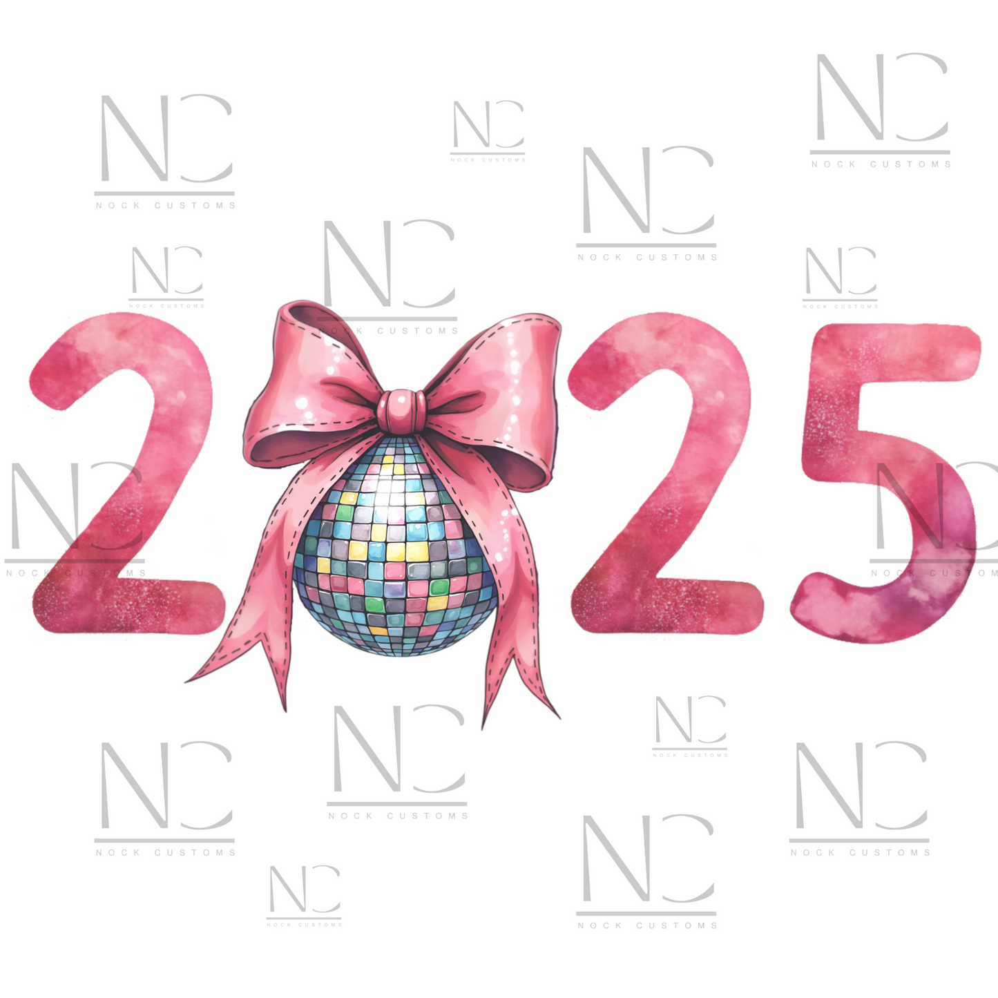 2025 New Year DTF Transfer Print featuring a pink bow and disco ball for festive apparel decoration.