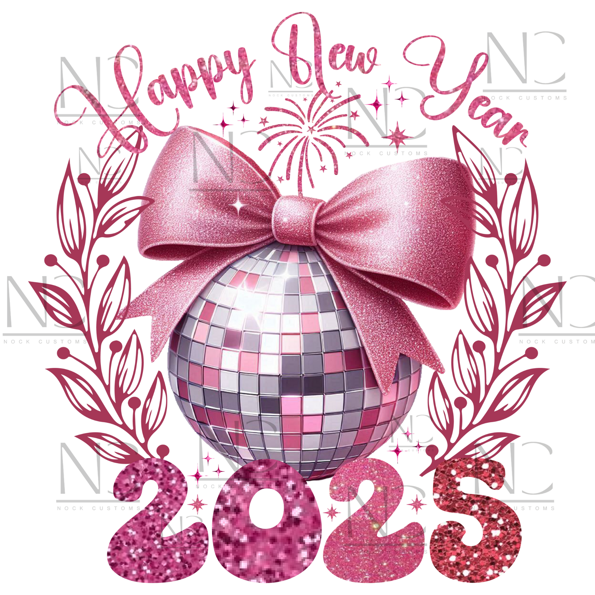 DTF transfer print design featuring 'Happy New Year 2025' with a pink disco ball and bow on a T-shirt.