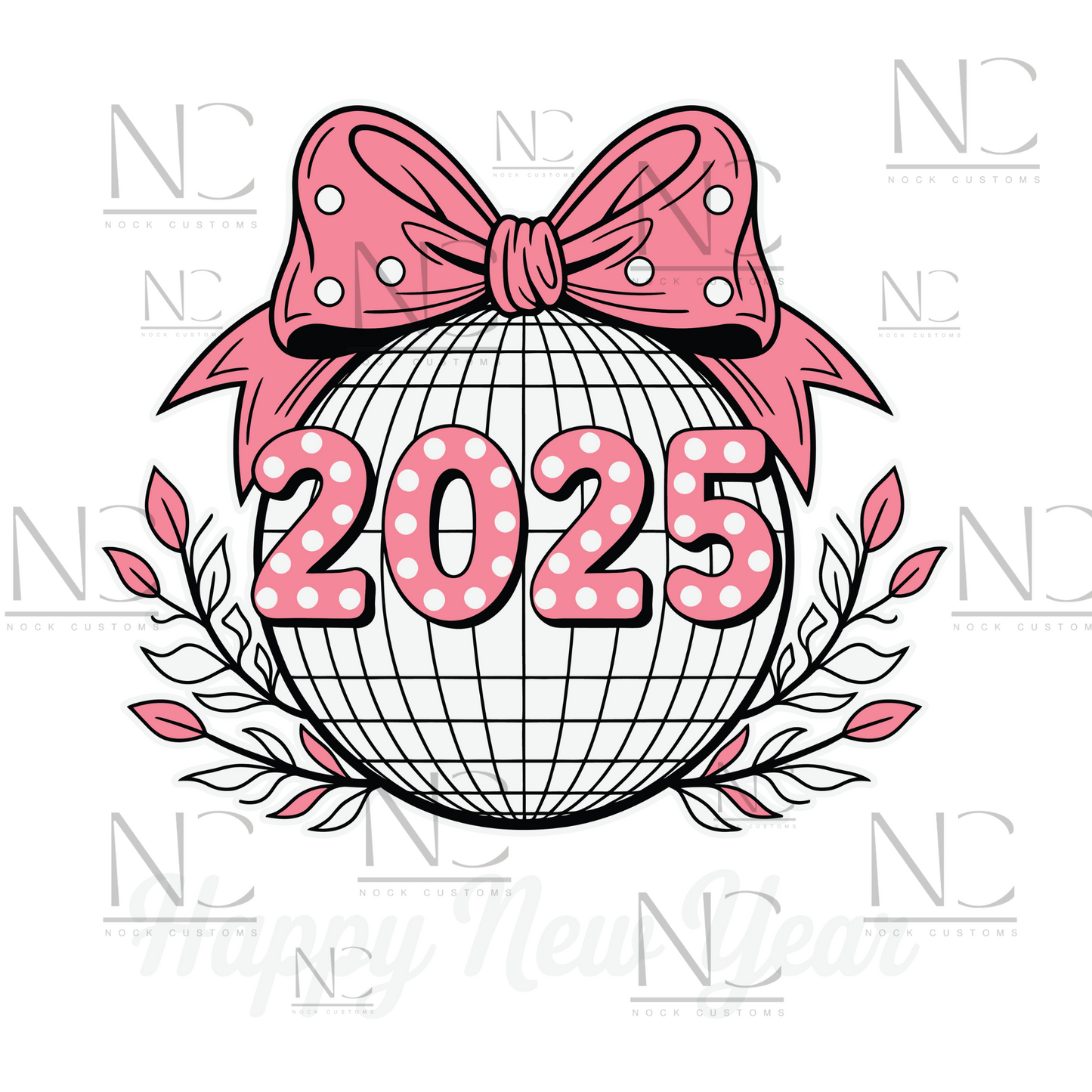 2025 Happy New Year design featuring a bow and festive details on apparel, perfect for DTF transfer prints.