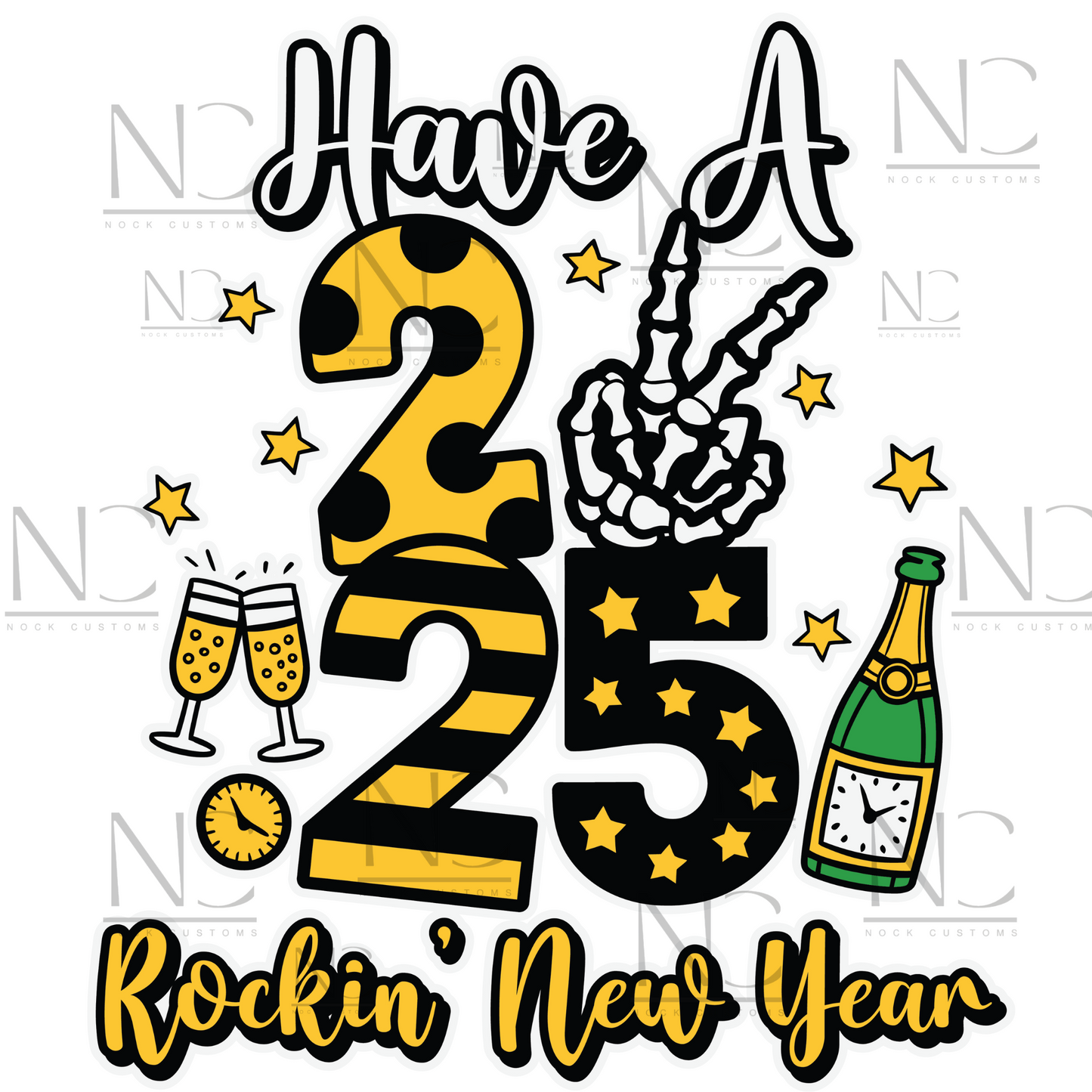 Colorful 2025 New Year T-shirt design featuring champagne, fireworks, and festive elements for a fun celebration.