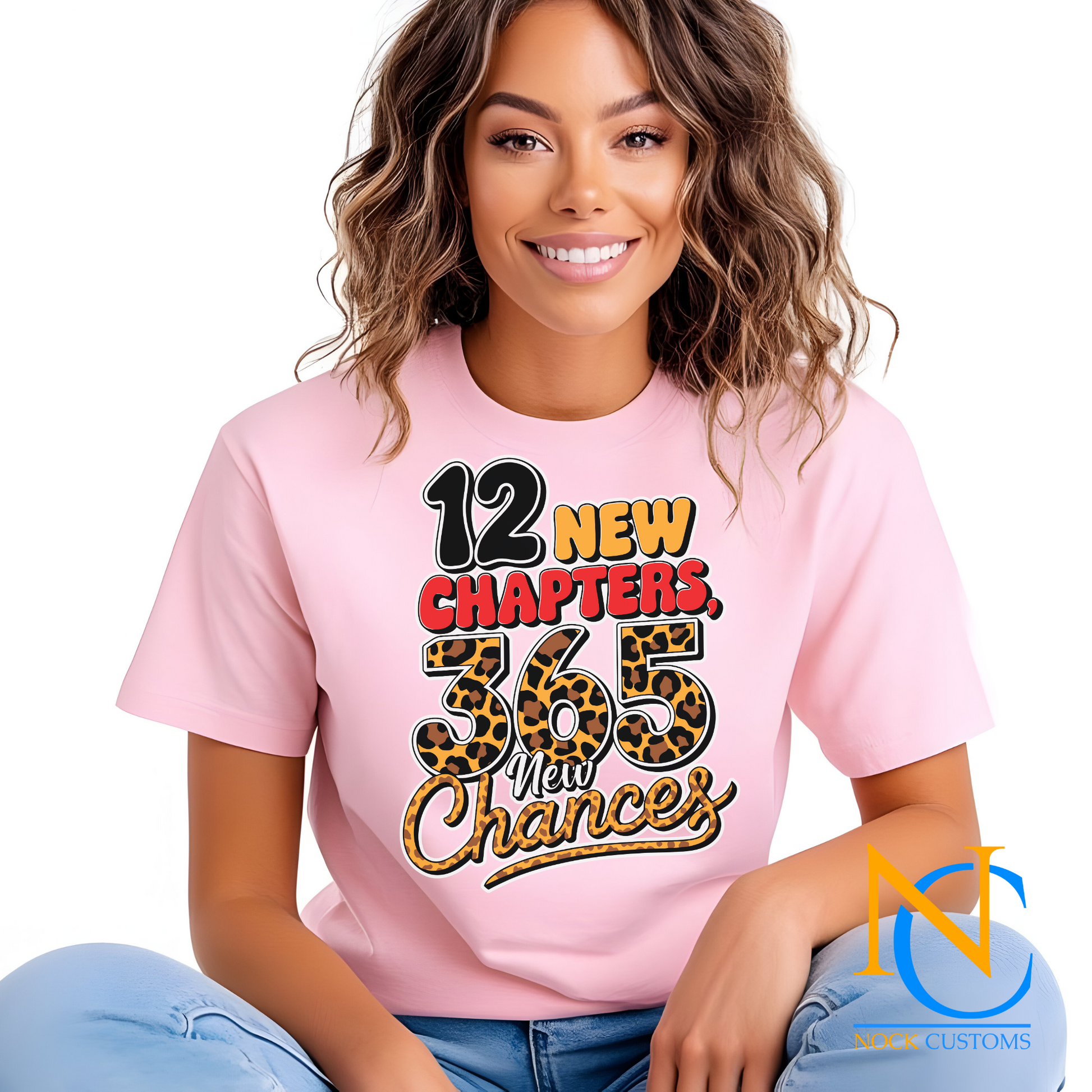 DTF transfer print with '12 New Chapters, 365 New Chances' design featuring bold lettering with a leopard print detail for t-shirts.