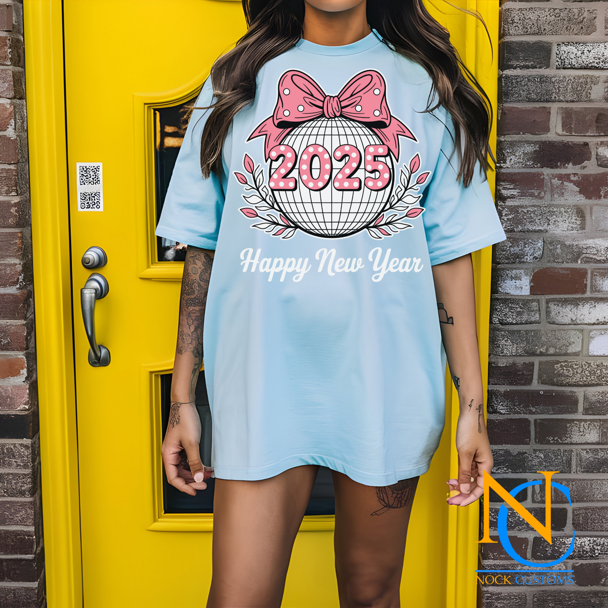 2025 Happy New Year design featuring a bow and festive details on apparel, perfect for DTF transfer prints.