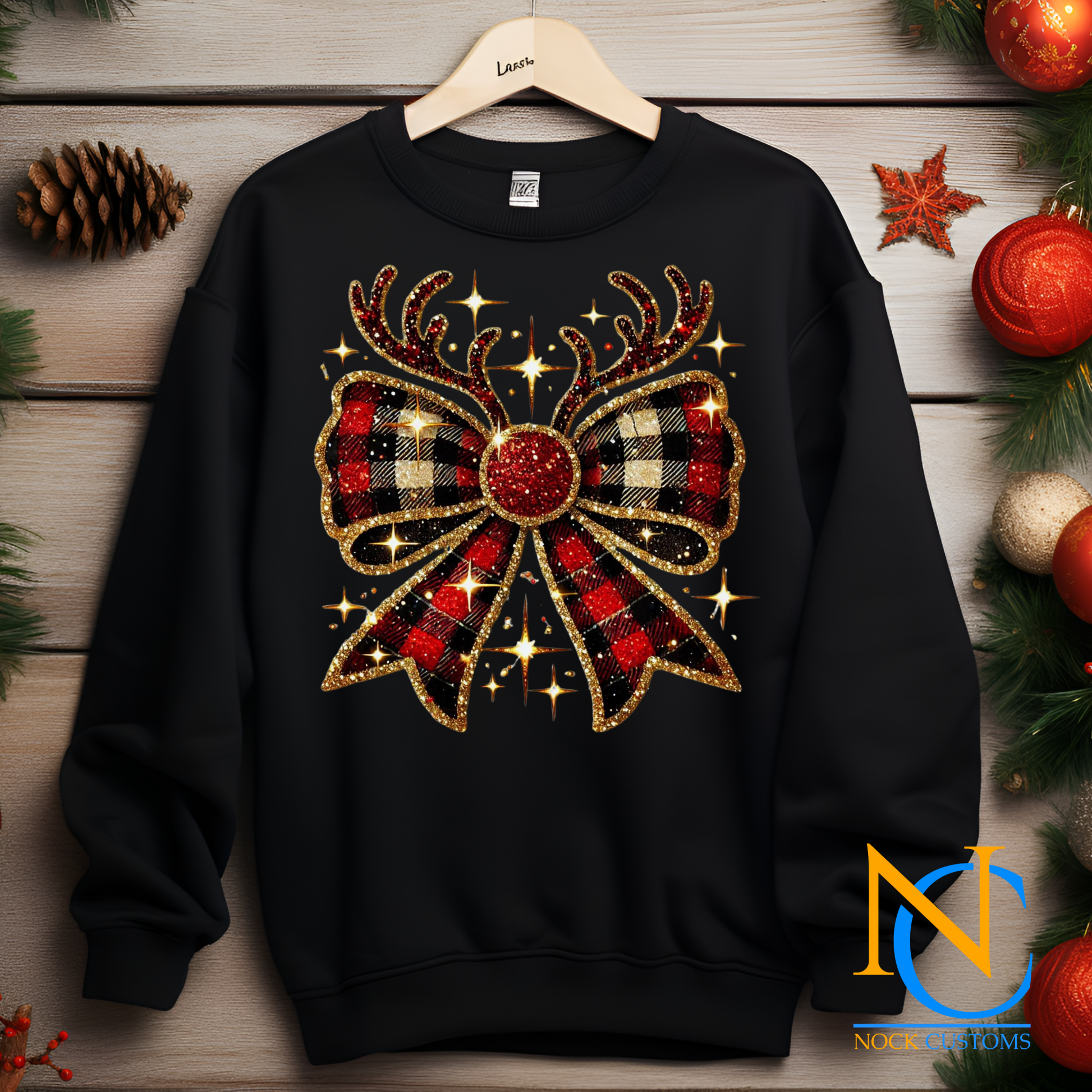 A festive plaid Christmas bow design with antlers and sparkling accents, ideal for holiday DTF transfers on apparel.