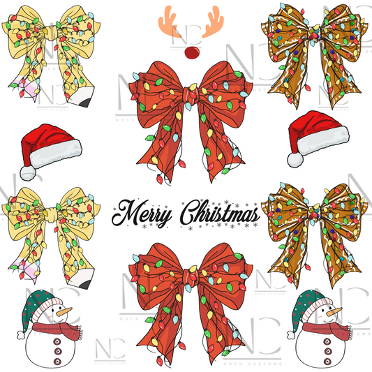 Merry Christmas DTF transfer featuring decorative bows, Santa hats, and snowman illustrations for festive apparel.