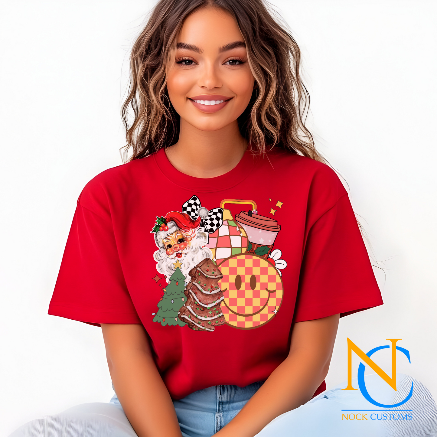 Festive Santa and Christmas Icons DTF Transfer for shirts and sweatshirts with vibrant holiday imagery.