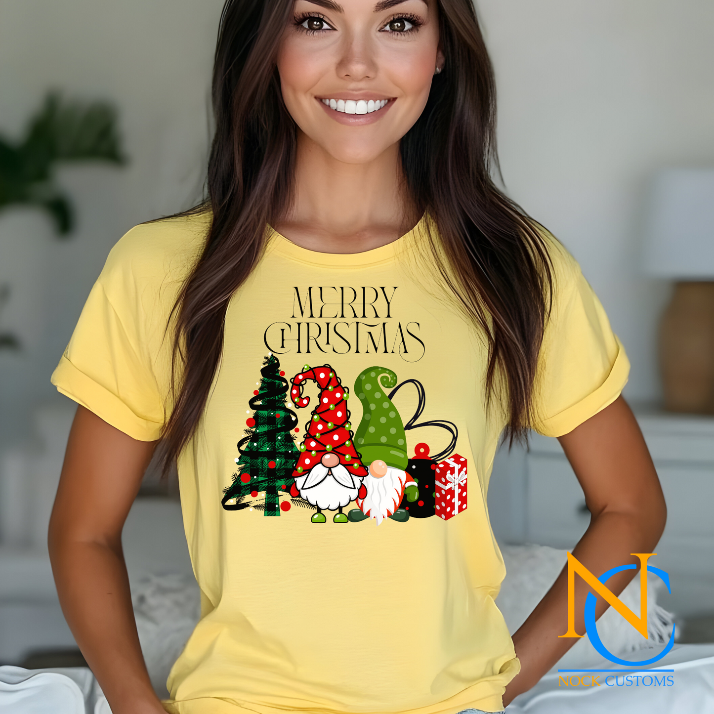 Merry Christmas gnome design featuring a festive tree and gifts on a DTF transfer for T-shirts and hoodies.