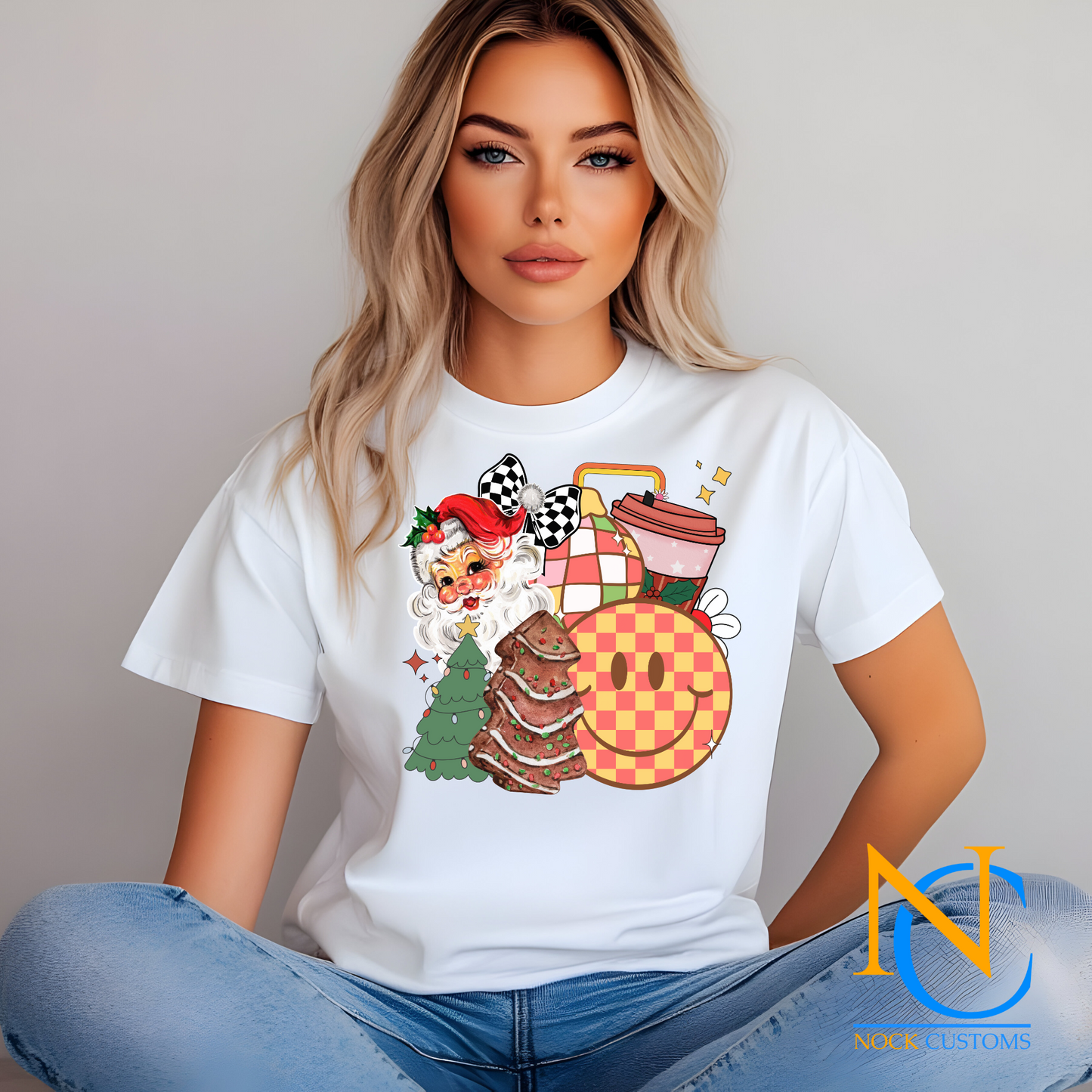 Festive Santa and Christmas Icons DTF Transfer for shirts and sweatshirts with vibrant holiday imagery.