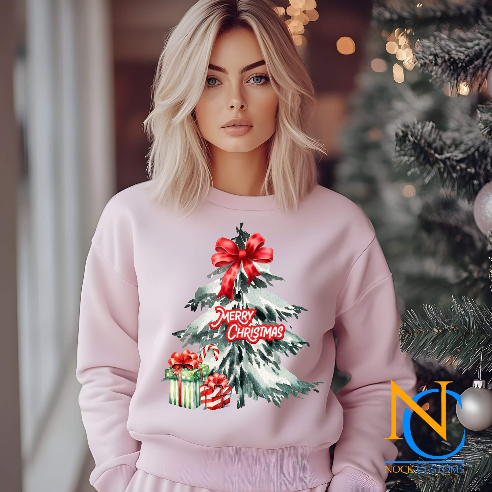 Beautiful watercolor Christmas tree design with festive red bow and wrapped gifts, perfect for DTF transfer on holiday apparel.