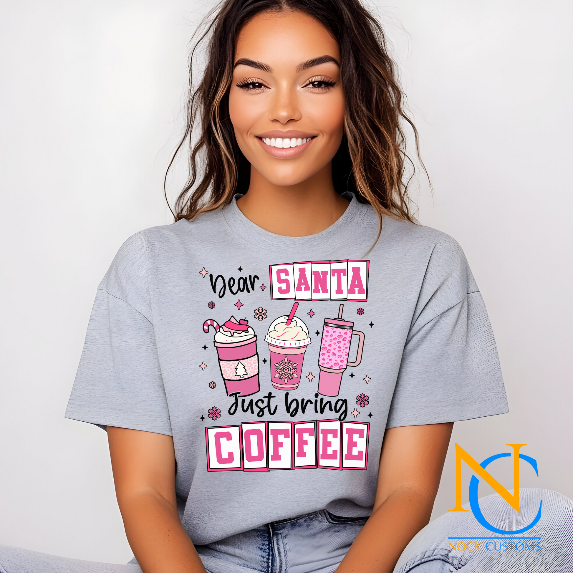 Festive DTF Transfer design featuring coffee-themed holiday cups with the text 'Dear Santa Just Bring Coffee' in pink and decorative elements, perfect for apparel customization.