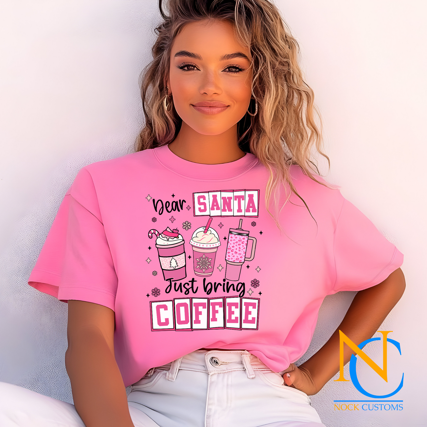 Festive DTF Transfer design featuring coffee-themed holiday cups with the text 'Dear Santa Just Bring Coffee' in pink and decorative elements, perfect for apparel customization.