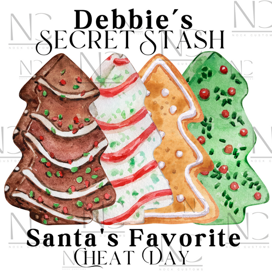 Festive Debbie Cakes-themed DTF transfers featuring unique Christmas designs for apparel, perfect for holiday clothing.