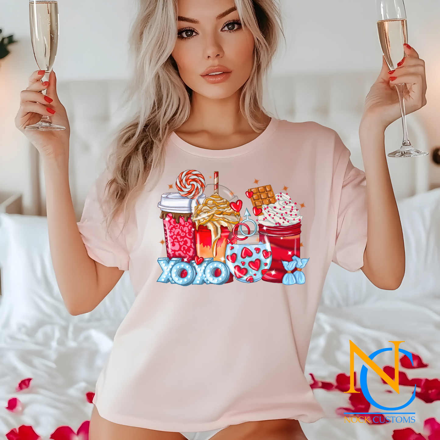 A vibrant Valentine's-themed design featuring an assortment of coffee drinks, desserts, and sweet treats decorated with hearts, chocolate, whipped cream, and a festive lollipop. Ideal for direct-to-film (DTF) transfers for creative and fun projects.