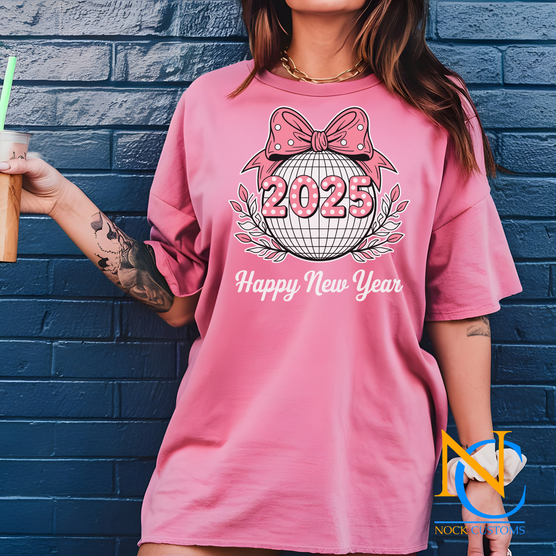 2025 Happy New Year design featuring a bow and festive details on apparel, perfect for DTF transfer prints.