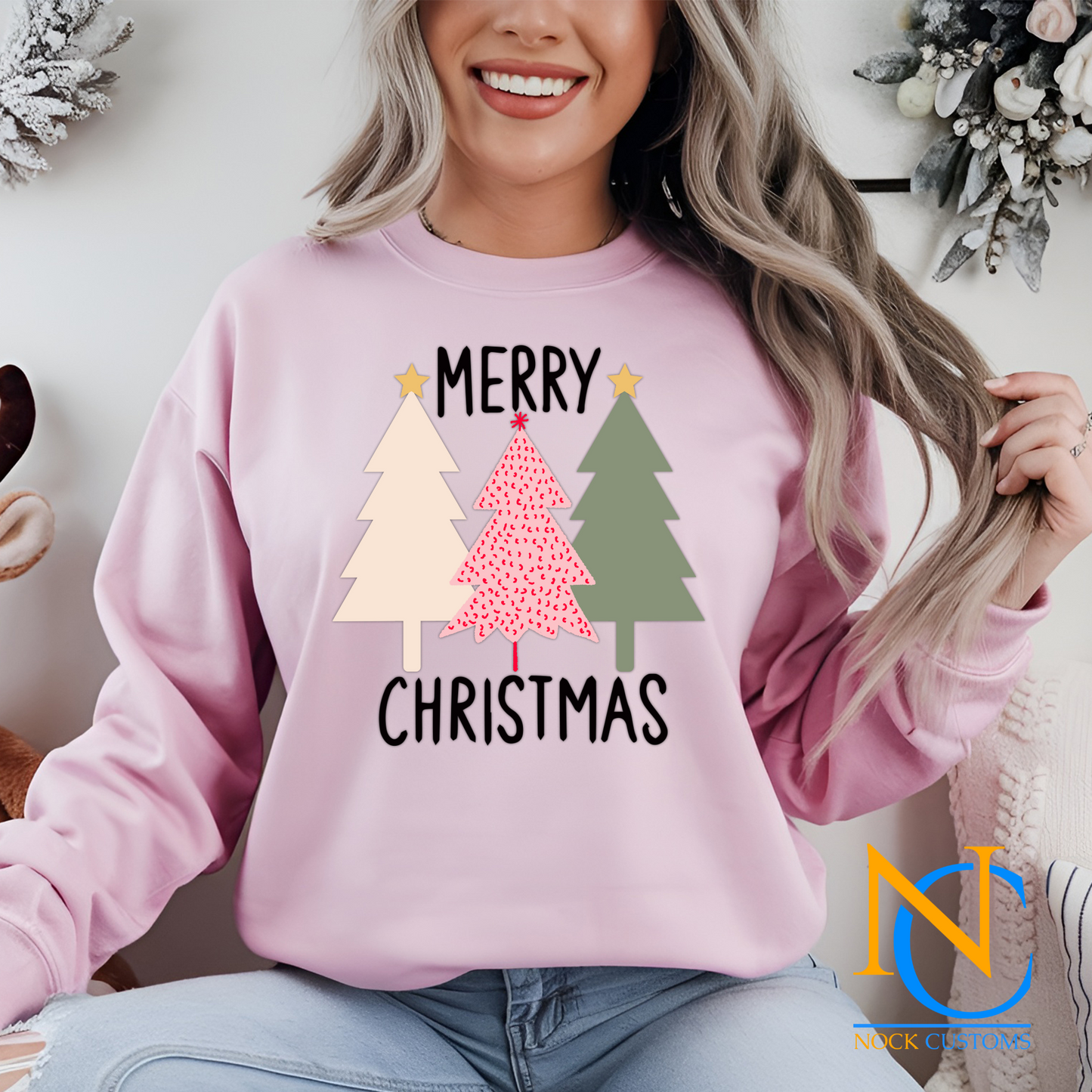 Festive 'Merry Christmas' DTF Transfers – Ready to press design perfect for hoodies, shirts, and sweaters, adding holiday cheer to apparel.