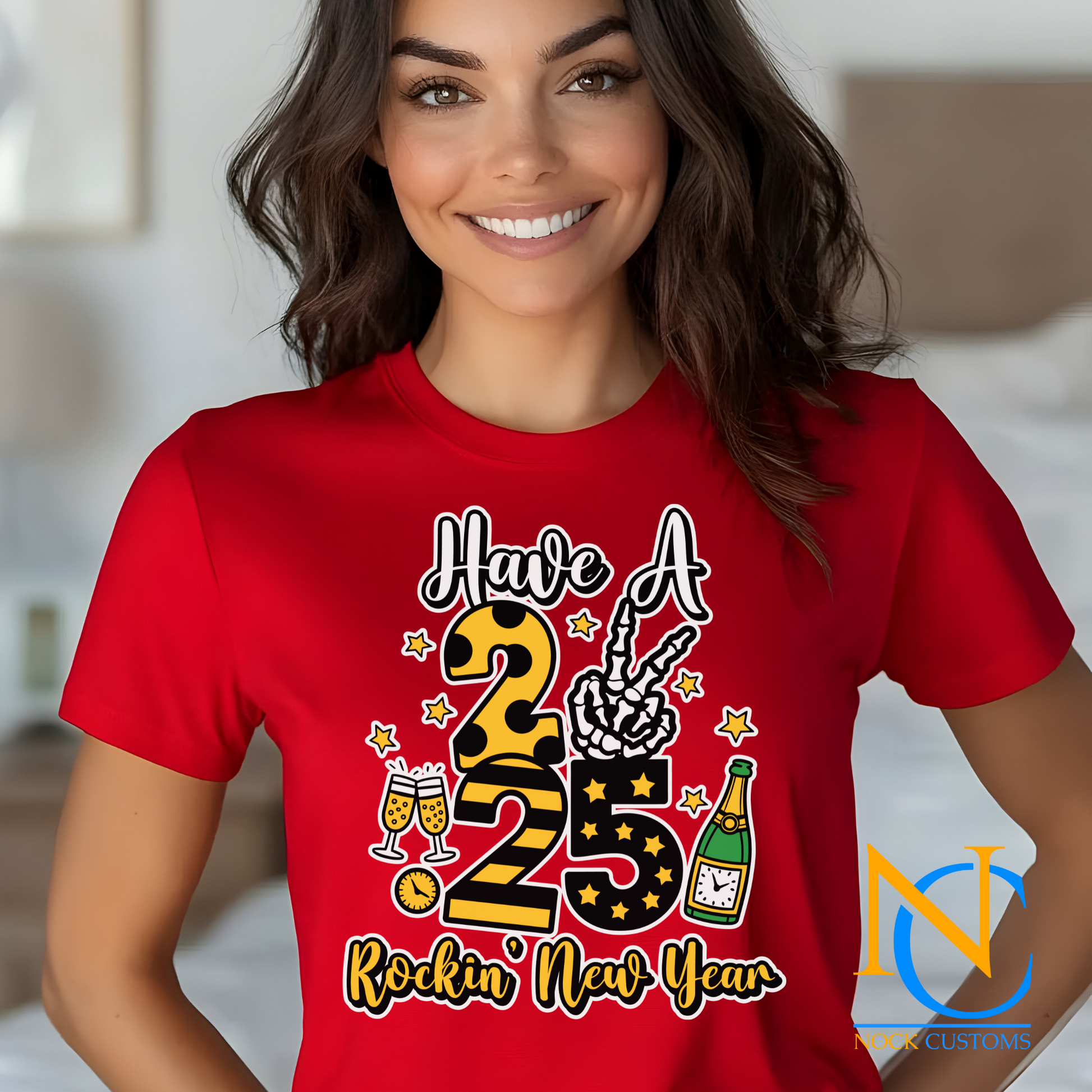 Colorful 2025 New Year T-shirt design featuring champagne, fireworks, and festive elements for a fun celebration.