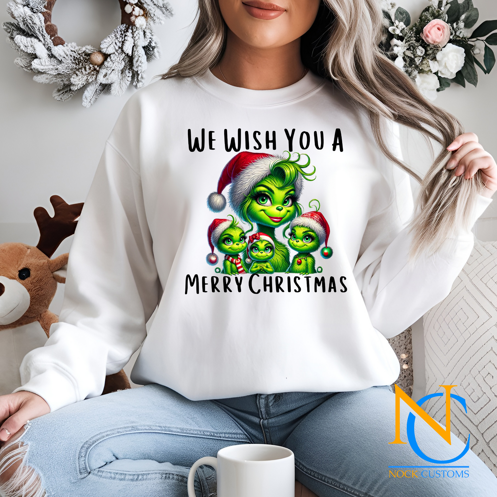 Fun 'We Wish You a Merry Christmas' DTF transfers with festive holiday designs, perfect for ready-to-press Christmas apparel.