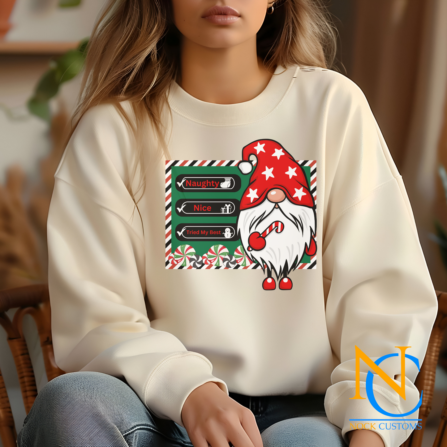 Festive gnome-themed DTF transfer design featuring a holiday checklist and candy cane, perfect for creating unique Christmas sweatshirts, hoodies, and apparel.