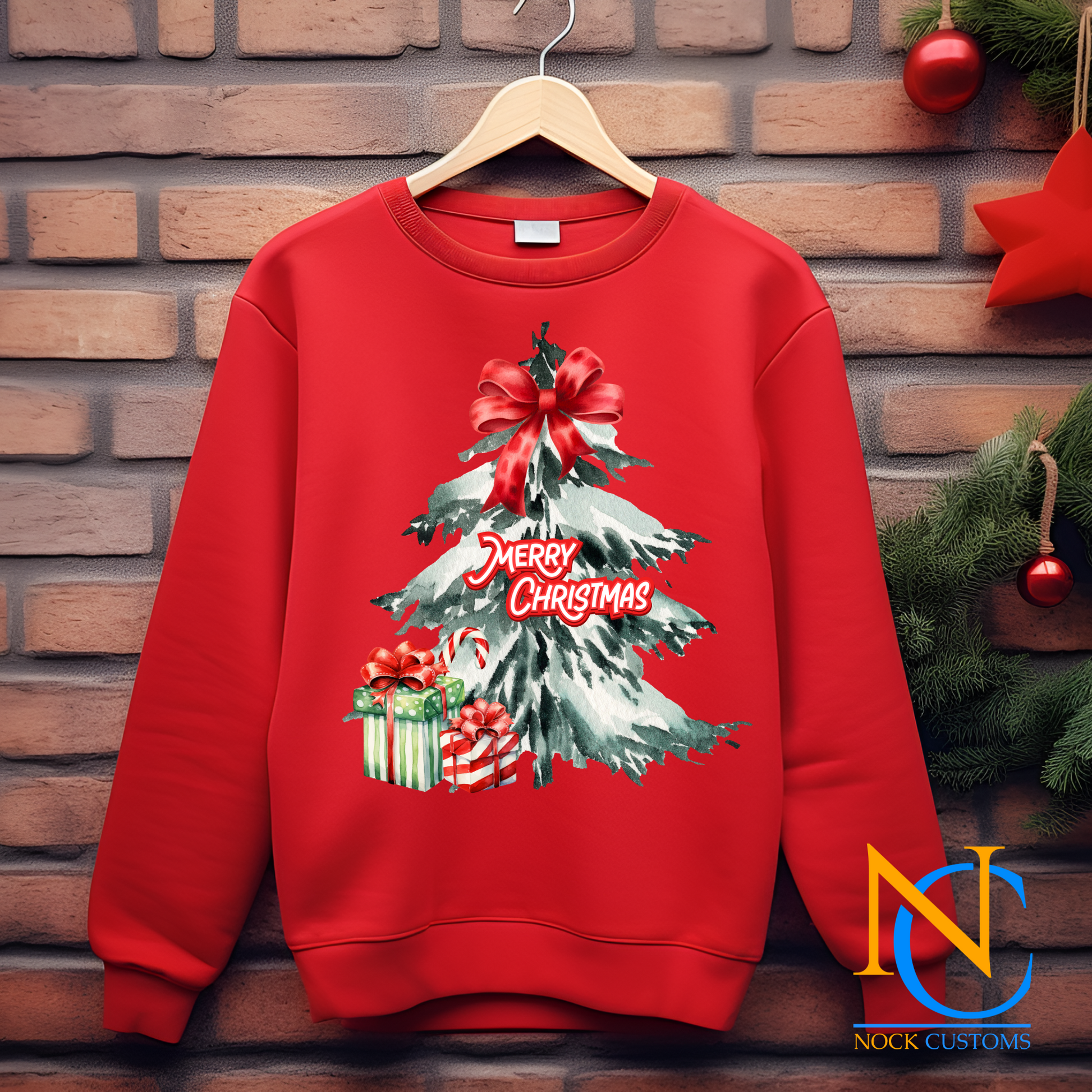 Beautiful watercolor Christmas tree design with festive red bow and wrapped gifts, perfect for DTF transfer on holiday apparel.