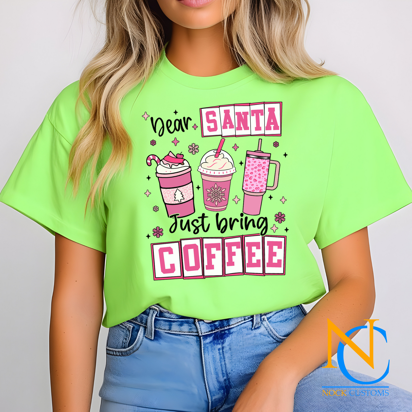 Festive DTF Transfer design featuring coffee-themed holiday cups with the text 'Dear Santa Just Bring Coffee' in pink and decorative elements, perfect for apparel customization.