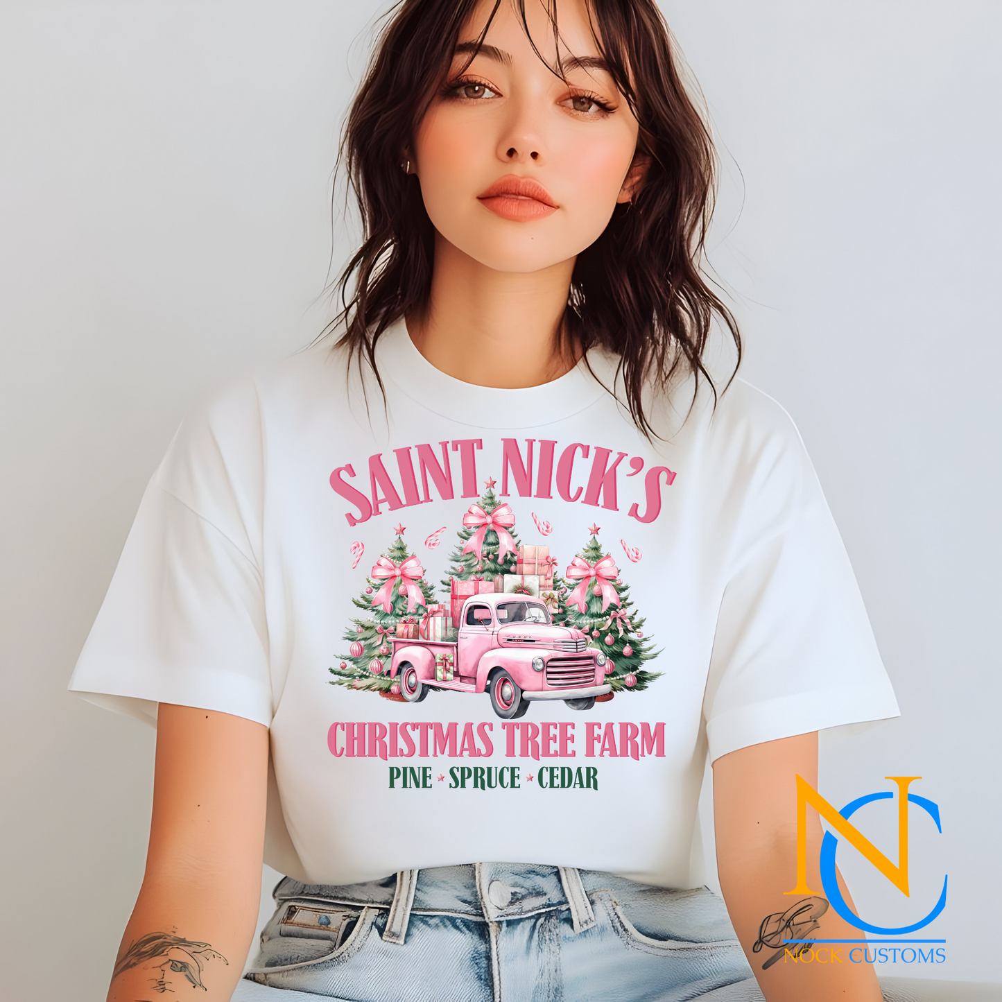 A festive DTF transfer design featuring Saint Nick's Christmas tree farm with a vintage pink truck carrying decorated Christmas trees and presents.