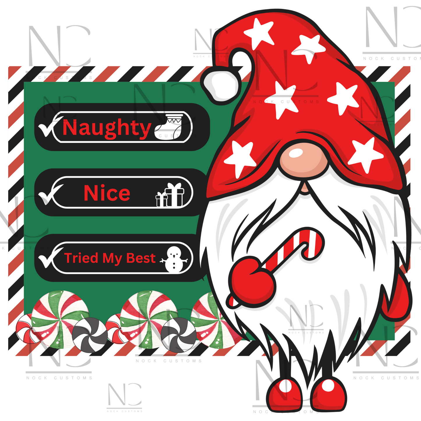 Festive gnome-themed DTF transfer design featuring a holiday checklist and candy cane, perfect for creating unique Christmas sweatshirts, hoodies, and apparel.