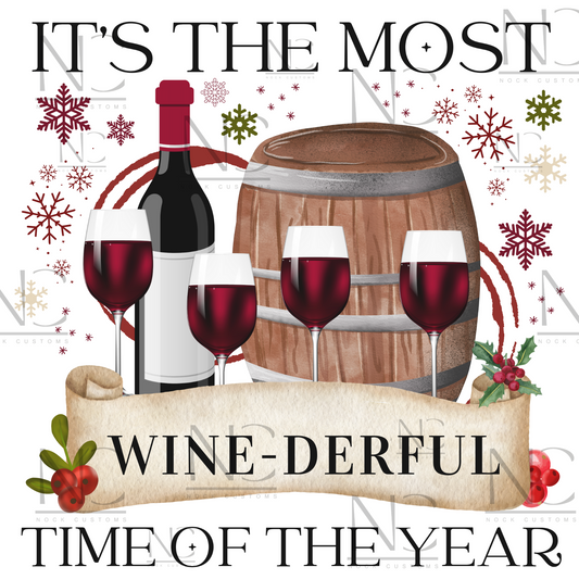 Festive wine-themed Christmas DTF transfer design featuring wine glasses, bottles, and a holiday theme, ideal for customizing shirts, hoodies, and more.