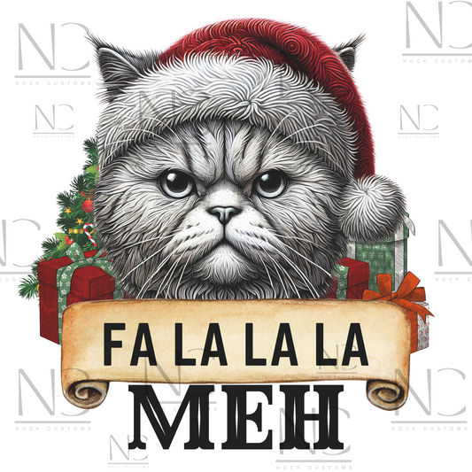 Close-up of a cat-themed holiday design on a hoodie, featuring 'Fa La La La Meh' in festive lettering.