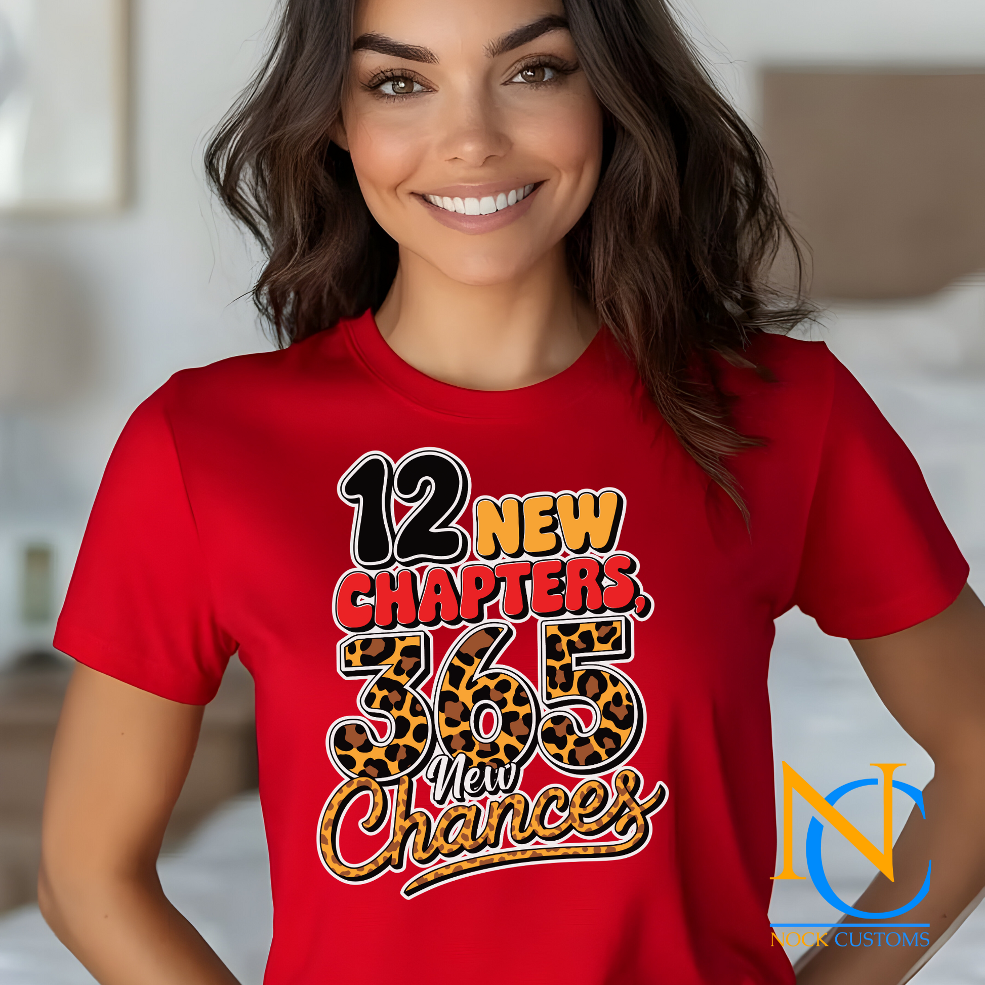 DTF transfer print with '12 New Chapters, 365 New Chances' design featuring bold lettering with a leopard print detail for t-shirts.