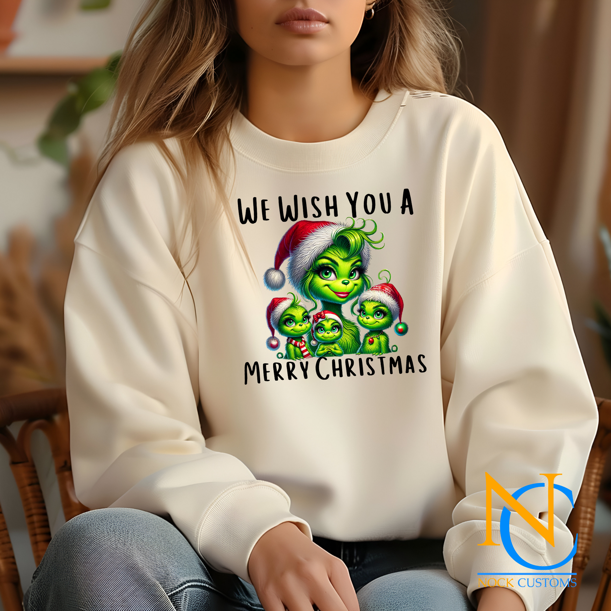 Fun 'We Wish You a Merry Christmas' DTF transfers with festive holiday designs, perfect for ready-to-press Christmas apparel.