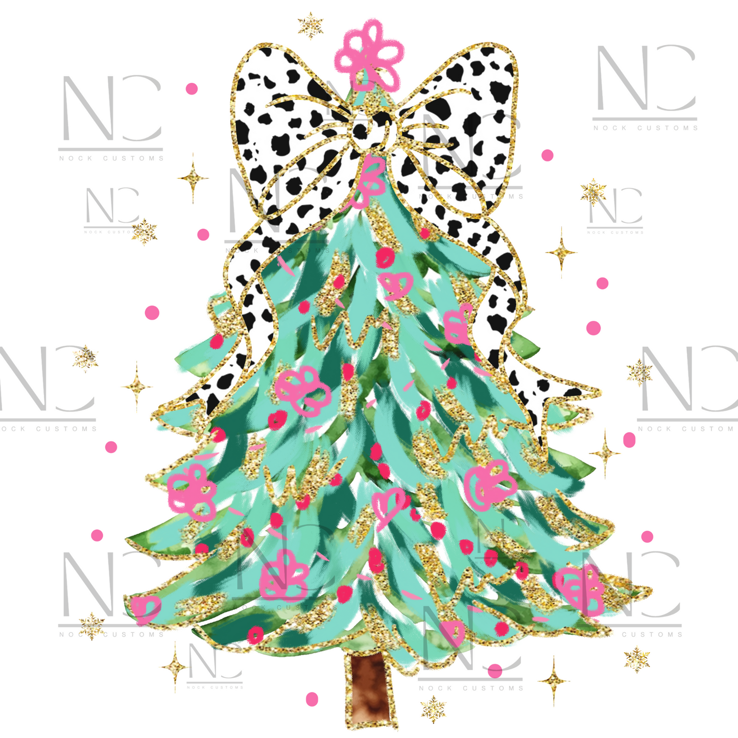 Stylish DTF transfer design featuring a vibrant Christmas tree with a leopard-patterned bow, perfect for holiday-themed DIY apparel.