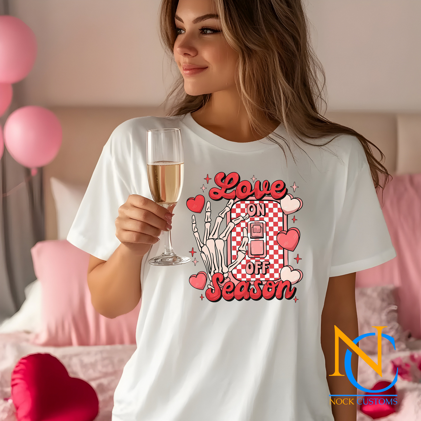 A playful Valentine's design featuring a skeleton hand flipping a light switch labeled 'Love On/Off Season' with a red checkered background, surrounded by hearts and sparkles. Ideal for direct-to-film (DTF) transfers with a humorous and edgy vibe.