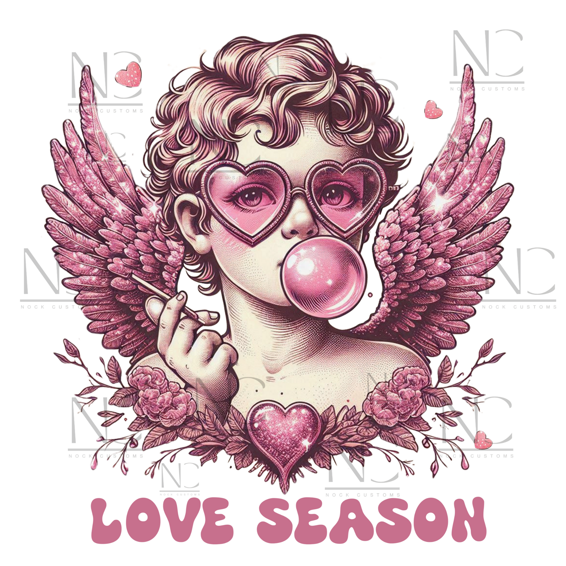 A whimsical design featuring a pink-toned angel wearing heart-shaped sunglasses, blowing bubble gum, surrounded by glittery wings, flowers, and a sparkling heart. The text 'Love Season' completes this romantic and playful design, perfect for direct-to-film (DTF) transfers.